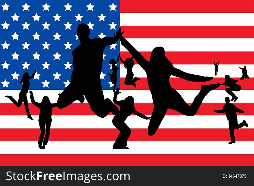 Flag of USA and people jumping