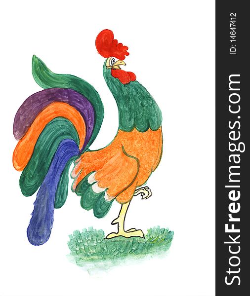 Cartoon bright rooster bird, watercolors kids drawing. Cartoon bright rooster bird, watercolors kids drawing