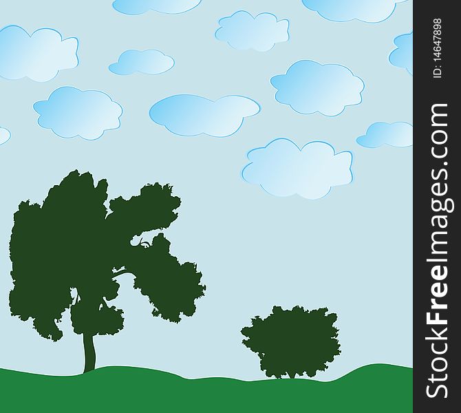 Seamless a background with a tree, a bush and clouds. Vector illustration