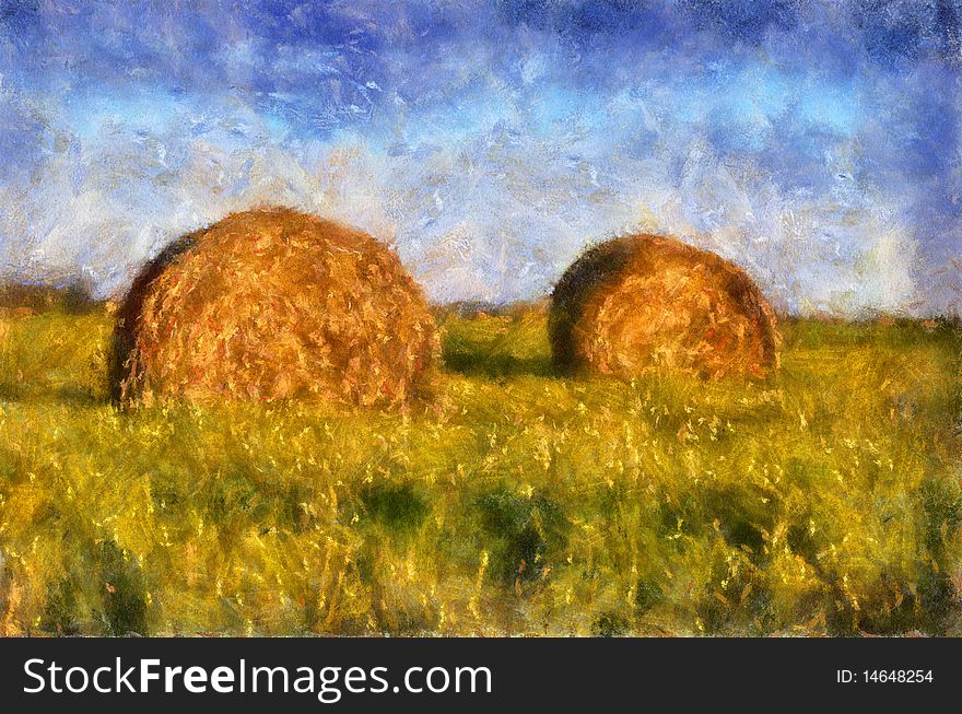 Illustration, two beautiful haystack in the field