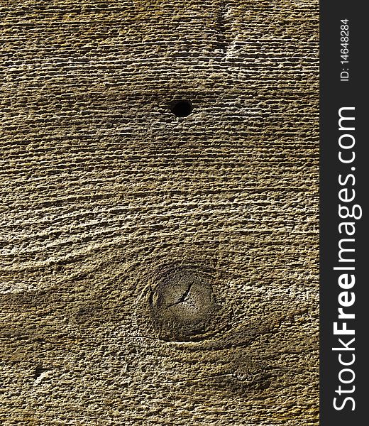 Old weathered grainy wood surface with knot and hole. Old weathered grainy wood surface with knot and hole