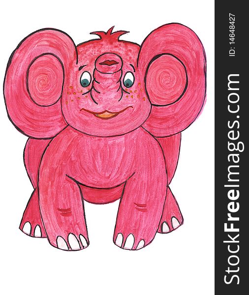 Funny pink baby elephant, watercolors kids drawing. Funny pink baby elephant, watercolors kids drawing