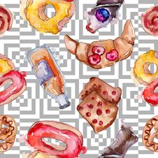 Tasty Cake And Bun In A Watercolor Style Food. Watercolour Illustration Set. Seamless Background Pattern. Royalty Free Stock Images Tasty Cake And Bun In A Watercolor Style Food. Watercolour Illustration Set. Seamless Background Pattern. Royalty Free Stock Images