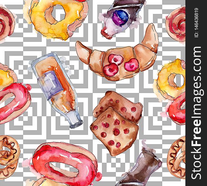 Tasty cake and bun in a watercolor style food. Watercolour illustration set. Seamless background pattern.