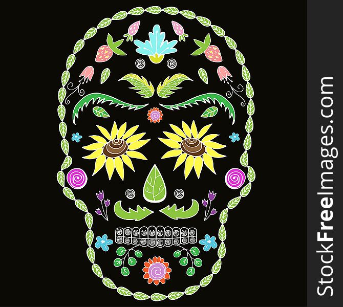Human skull with flower elements for religion or halloween design.  image