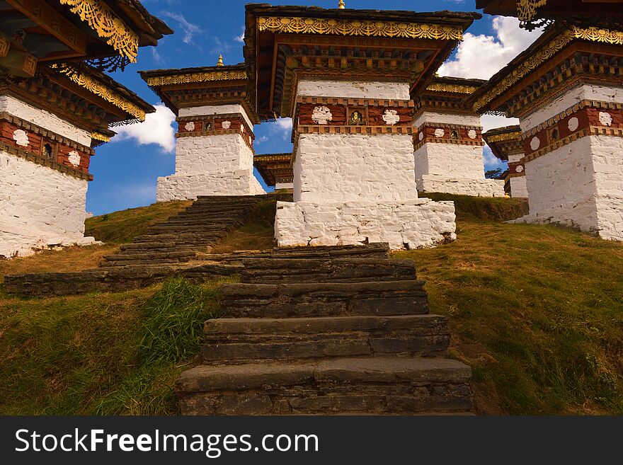 The 108 memorial chortens or stupas known as Druk Wangyal Chortens at the Dochula pass, Bhutan