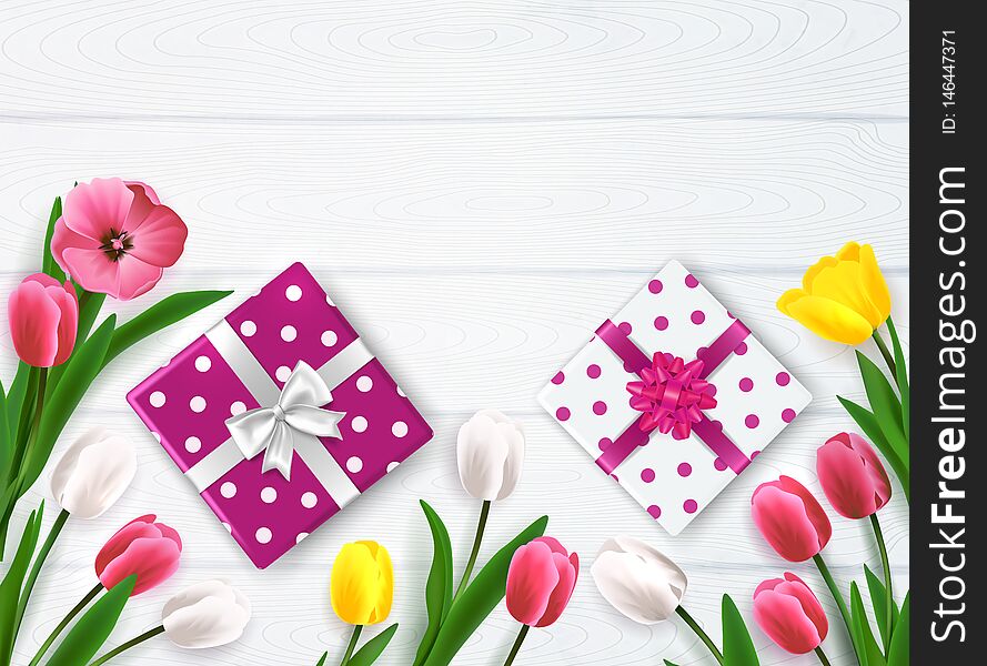 Mothers day composition with top view of polka-dot gift boxes and flowers on wooden background vector illustration. Mothers day composition with top view of polka-dot gift boxes and flowers on wooden background vector illustration