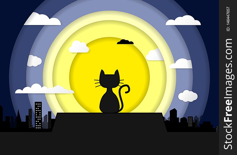 Cat sitting on a roof background of the moonlight Paper Art. All in a single layer. Vector illustration. Black cat on roof with moon town and starry night in the background