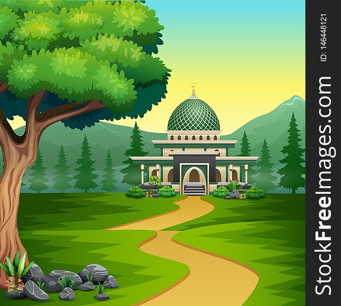 Cartoon road to the mosque with a beautiful landscape