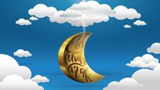 Eid Mubarak Greeting Card Illustration, Ramadan Kareem Vector Wishing For Islamic Festival With Sparkling Golden Moon In The Blue Stock Image