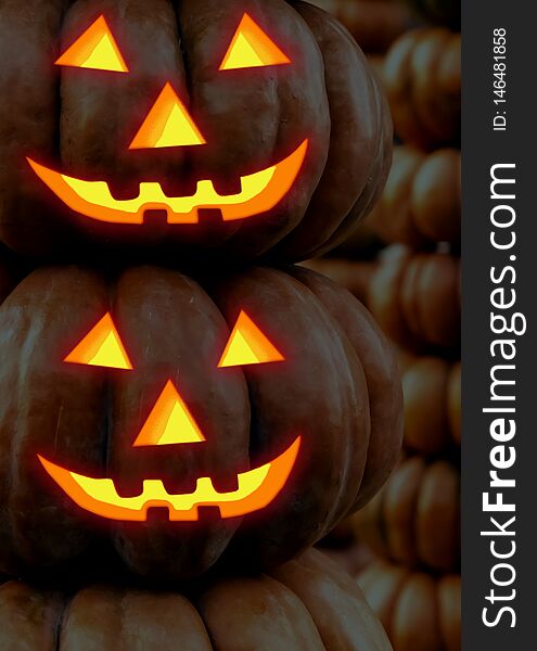 Lantern jack pumpkin glowing smile horror decor halloween colorful. vertical set pumpkin one on another lantern jack halloween