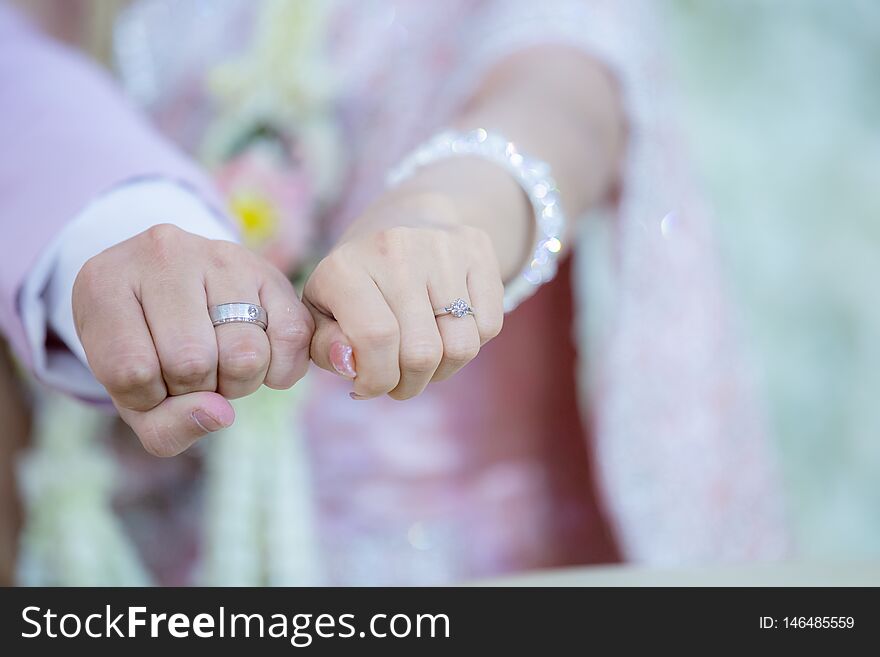Groom and brides hands with rings,Rings of husband and wife.Two hands on a wedding day