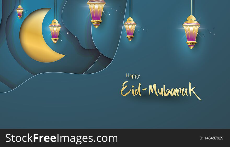 Eid Mubarak greeting Card Illustration, ramadan kareem, Wishing for Islamic festival for banner, background, flyer, illustration, brochure and sale background in paper art style - Vector