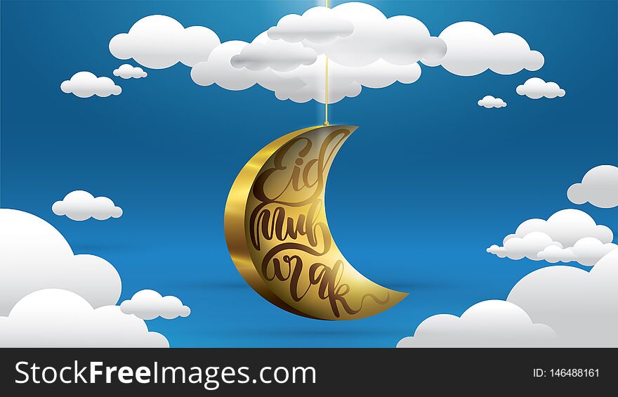 Eid Mubarak Greeting Card Illustration, Ramadan Kareem Vector Wishing For Islamic Festival With Sparkling Golden Moon In The Blue