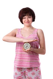 Sleepy Woman Is Holding Alarm Clock Stock Photography Sleepy Woman Is Holding Alarm Clock Stock Photography