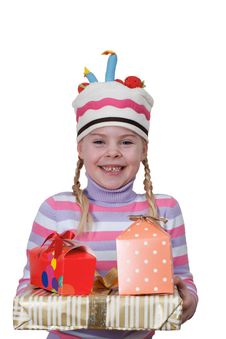 Girl In Cap-cake With Gift Boxes Royalty Free Stock Photos Girl In Cap-cake With Gift Boxes Royalty Free Stock Photos