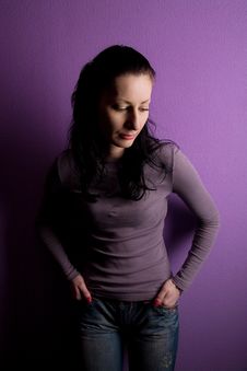 Lonely Woman Grieves On Purple Background Stock Image Lonely Woman Grieves On Purple Background Stock Image