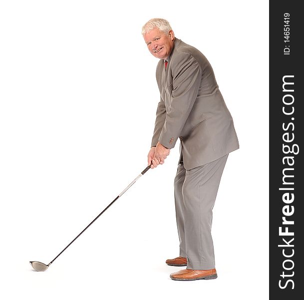 Successful mature business man on white background, with golf club. Successful mature business man on white background, with golf club
