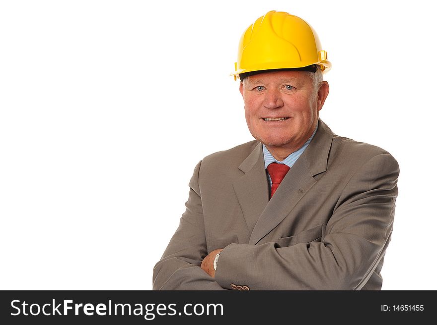 Successful mature business man or foreman on white background, with hard hat. Successful mature business man or foreman on white background, with hard hat