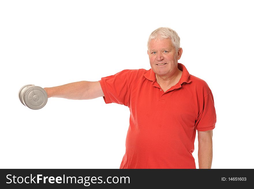 Senior retired older man exercising on white background. Senior retired older man exercising on white background