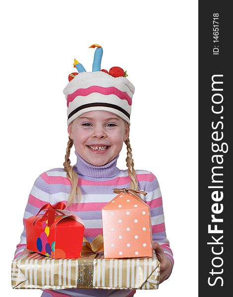 Happy girl in cap-cake with gift boxes