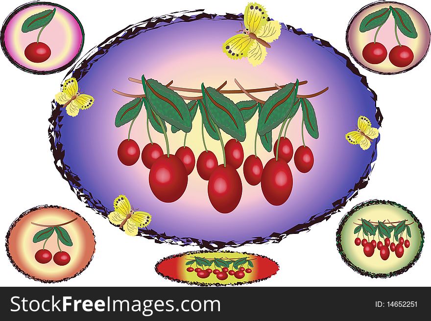 Oval and circle with cherries and butterflies. Oval and circle with cherries and butterflies.