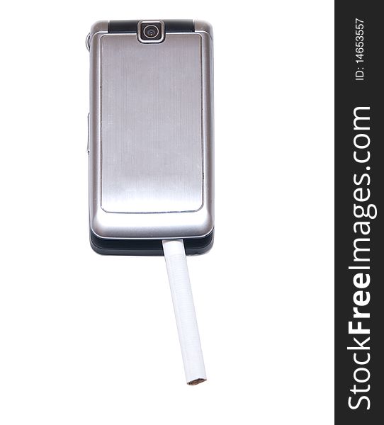 Phone with cigarette isolated on white background