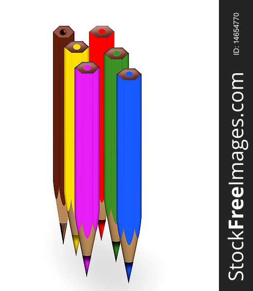 Six colored pencils in vertical position