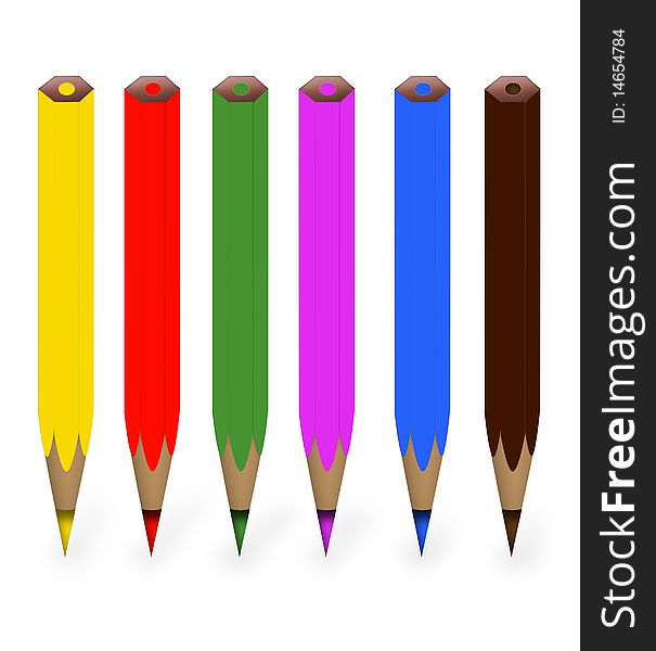 Six colored pencils in vertical position. Six colored pencils in vertical position