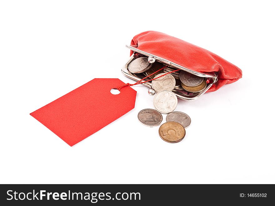 Old red purse with tag on white