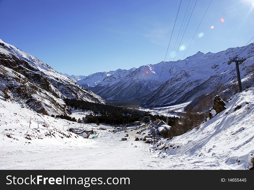 View from Mount Elbrus in the valley Azau. View from Mount Elbrus in the valley Azau.