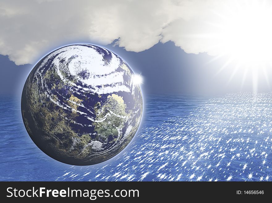 This image shows the Earth on an ocean, with a sky of clouds and sun-drenched. This image shows the Earth on an ocean, with a sky of clouds and sun-drenched.