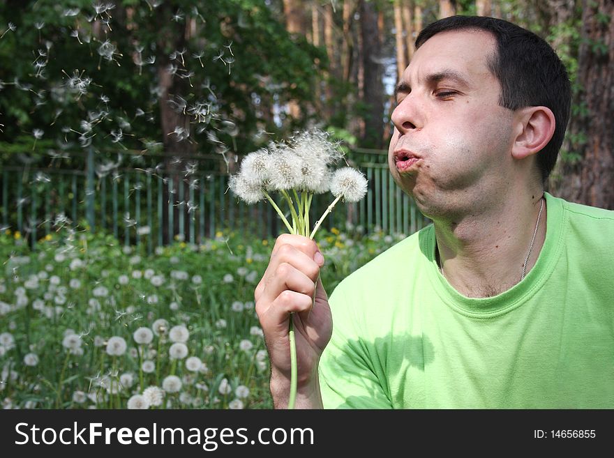 Man blows on a dandelion