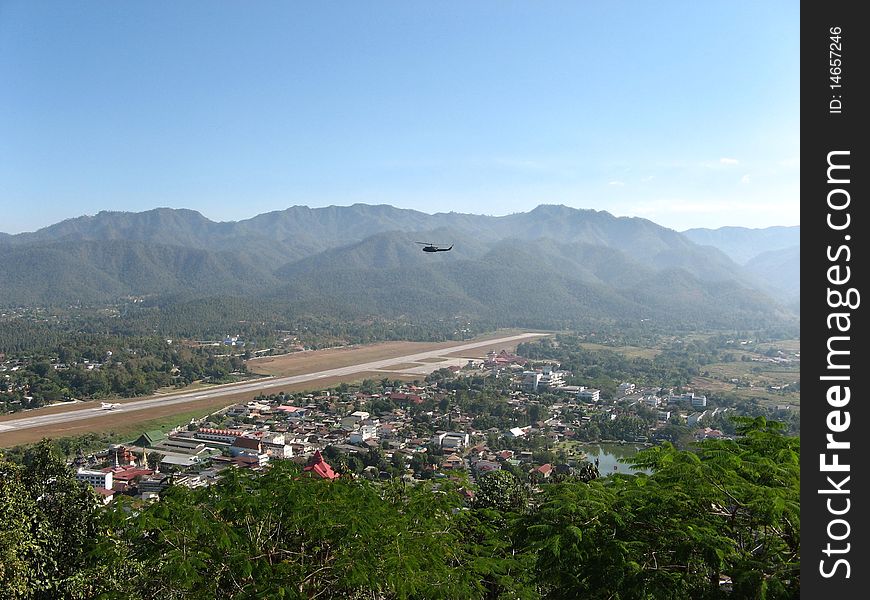 Helicopter Above  Airport In The Valley