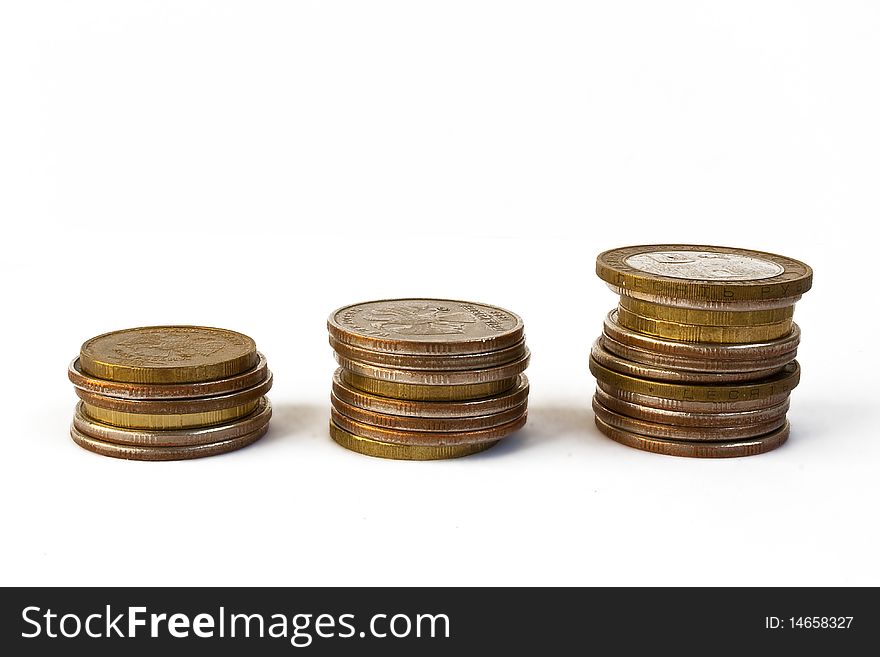 Coins lined up in columns on growth. represents a bar chart. Coins lined up in columns on growth. represents a bar chart.