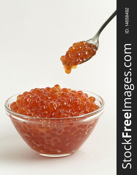 Red caviar in the little glass bow and spoon isolated over grey gradient background