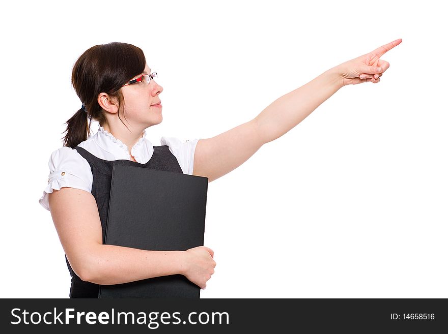 Young female office worker point up with her finger, studio shoot isolated on white background