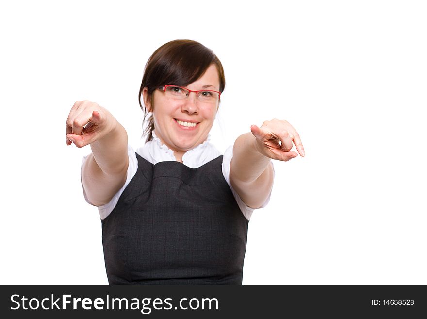 Female office worker with her finger pointing towards camera, studio shoot isolated on white background. Female office worker with her finger pointing towards camera, studio shoot isolated on white background