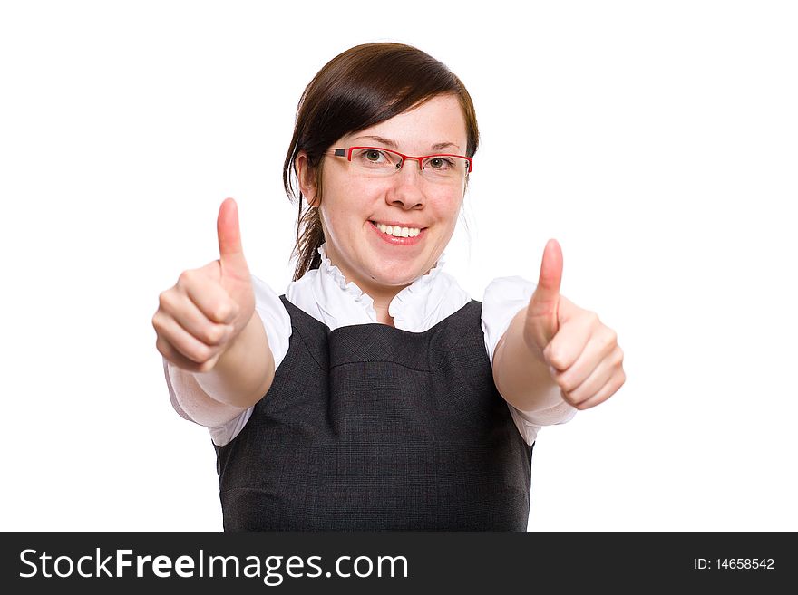 Female office worker shows thumbs up gesture, studio shoot isolated on white. Female office worker shows thumbs up gesture, studio shoot isolated on white