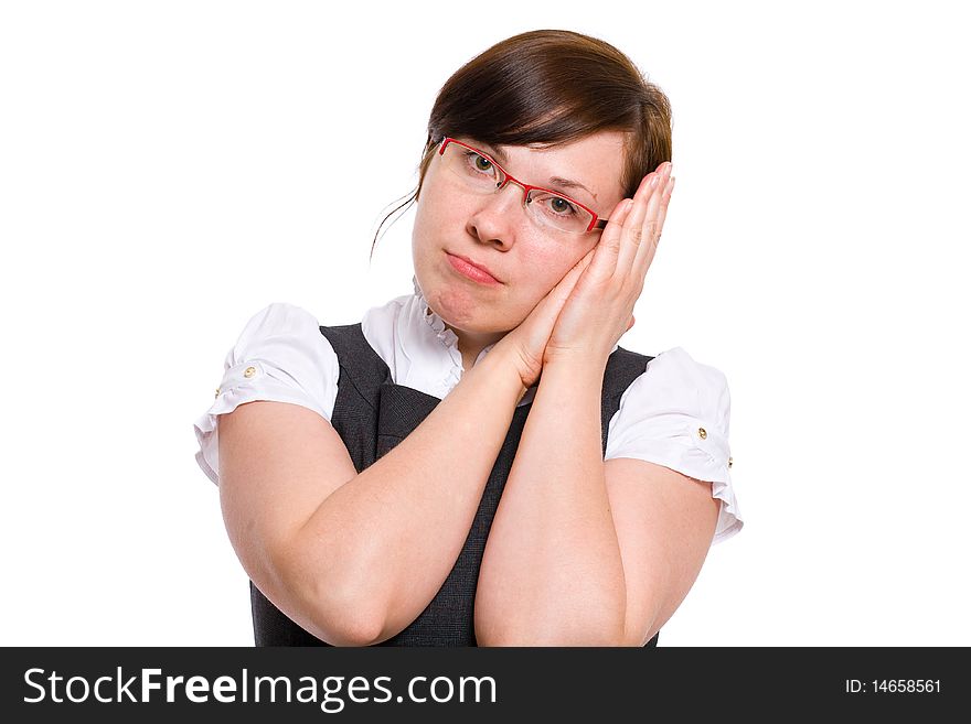 Sleepy, tired female office worker, studio shoot isolated on white background. Sleepy, tired female office worker, studio shoot isolated on white background