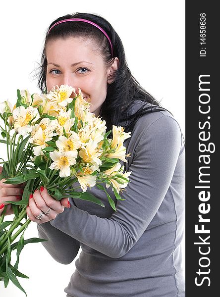 Happy beauty woman with yellow flowers (isolated on a white)