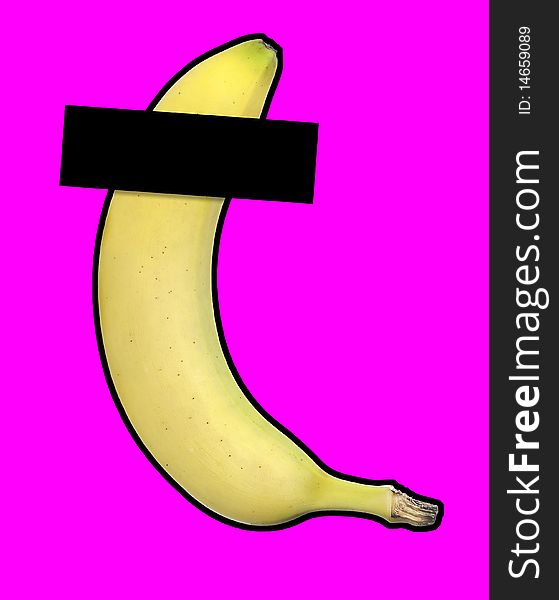 Banana isolated on pink background with black stroke. Censored with black bar.
