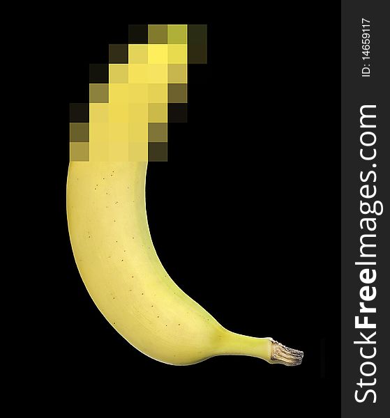 Banana isolated on black background. Censored with pixel mosaic.