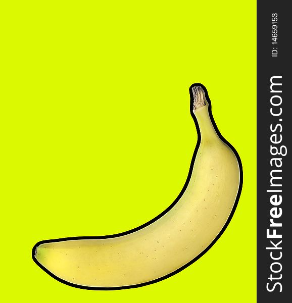 Banana isolated on yellow/green background with black stroke.