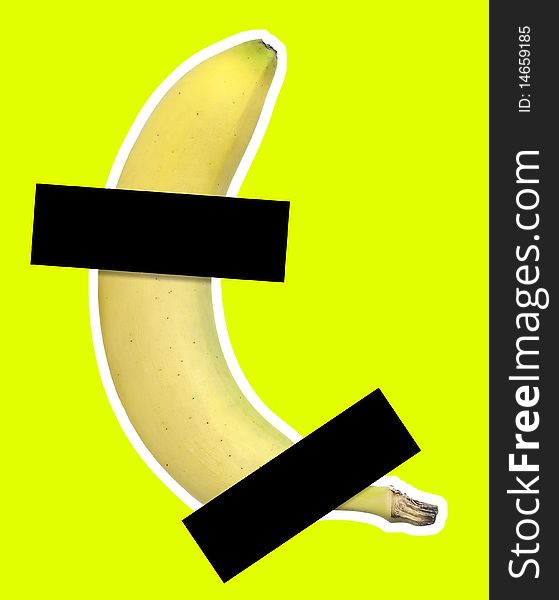 Banana isolated on yellow/fresh green background with white stroke. Censored with black bars.