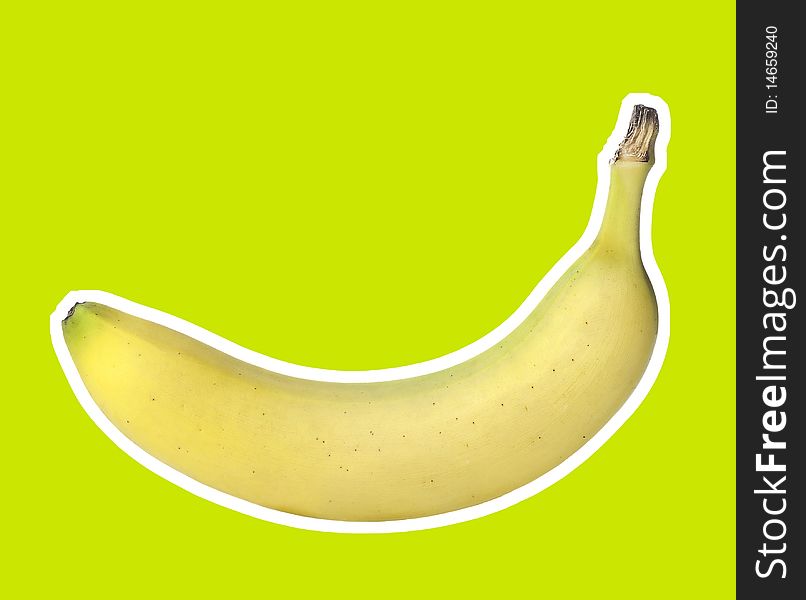 Banana with white stroke isolated on green background.