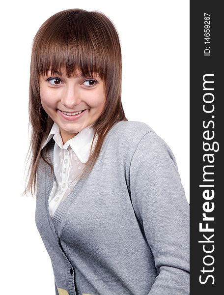 Portrait young beautiful girl on white background