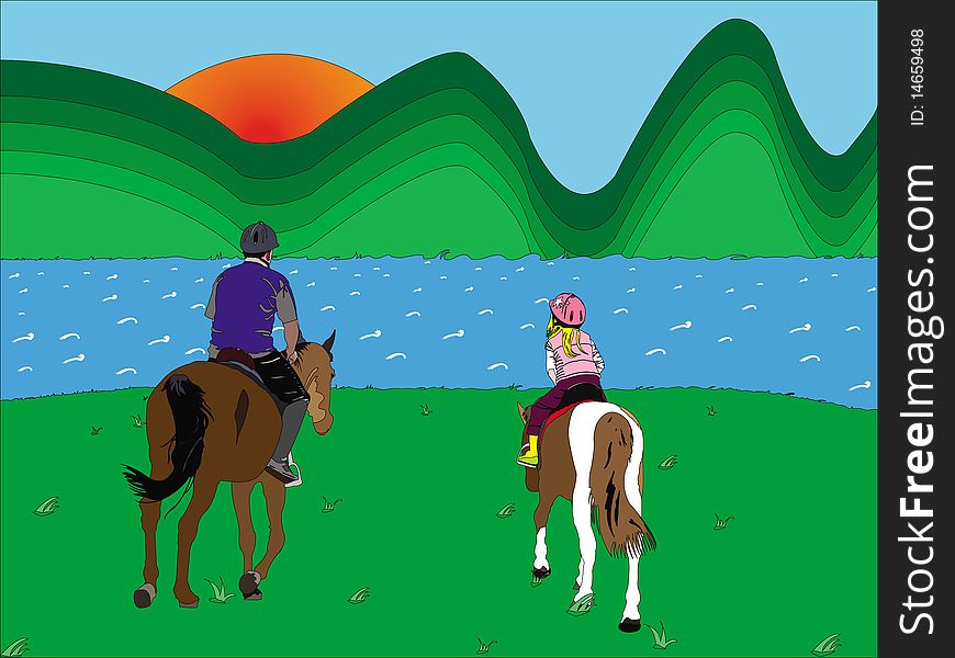This is an illustration with a father which is learning his daughter to ride a small pony! The .ai file is fully editable, and every subject it is in it`s own layer!. This is an illustration with a father which is learning his daughter to ride a small pony! The .ai file is fully editable, and every subject it is in it`s own layer!