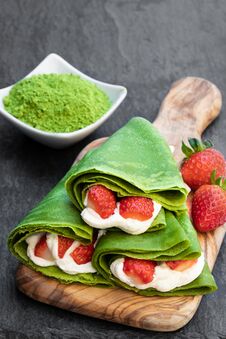 Matcha Green Tea Crepe With Whipped Cream And Strawberry On Serving Board Royalty Free Stock Image Matcha Green Tea Crepe With Whipped Cream And Strawberry On Serving Board Royalty Free Stock Image
