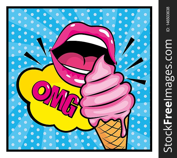 Mouth eating ice cream and omg message vector illustration